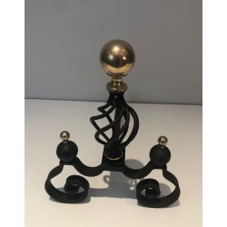 Pair of Wrought Iron Andirons with Polished Brass Ball Finials and Openwork Cage Bodies on Scrolled Bases
