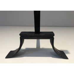 Important Pair of Wrought Iron Andirons with Heraldic Fleur-de-Lys Finials on Spreading Bases