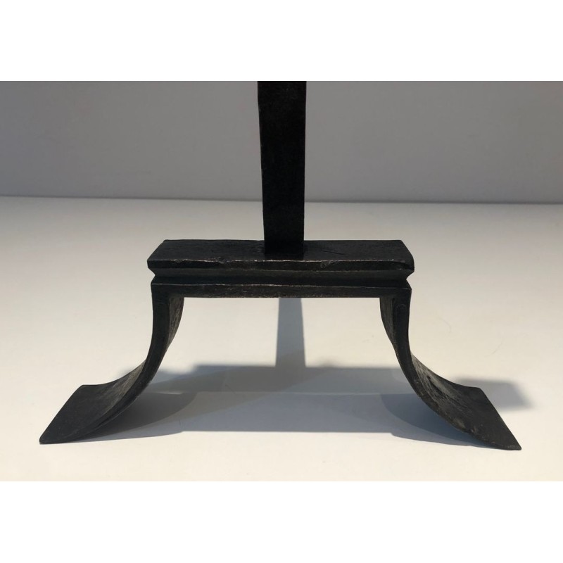 Important Pair of Wrought Iron Andirons with Heraldic Fleur-de-Lys Finials on Spreading Bases