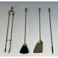 Neoclassical Style Polished Brass Fireplace Companion Set on Stand