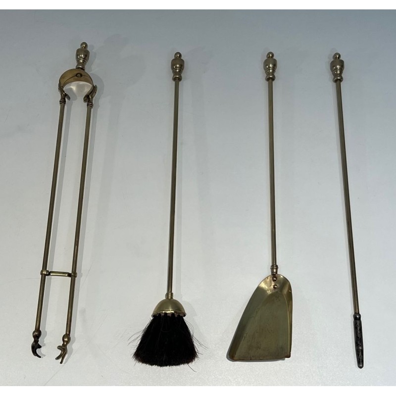 Neoclassical Style Polished Brass Fireplace Companion Set on Stand