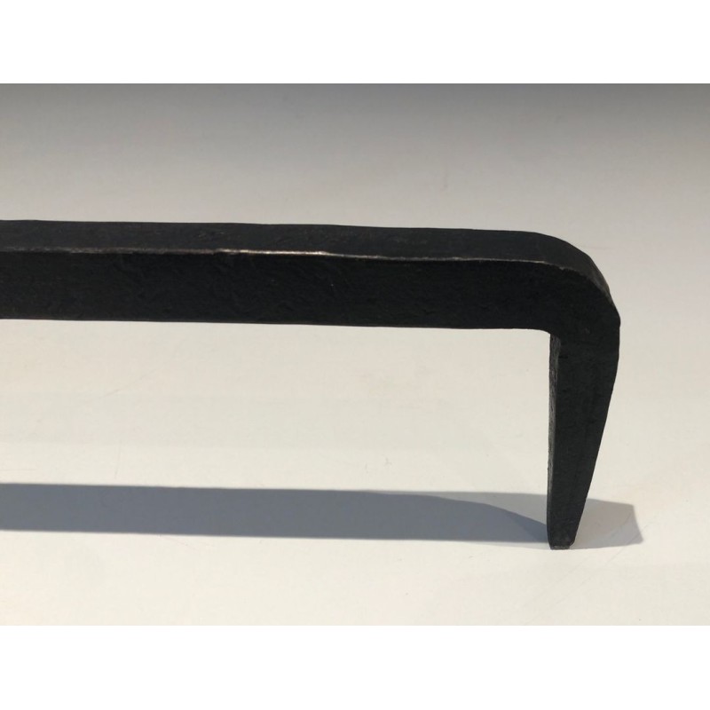 Important Pair of Wrought Iron Andirons with Heraldic Fleur-de-Lys Finials on Spreading Bases