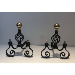Pair of Wrought Iron Andirons with Polished Brass Ball Finials and Openwork Cage Bodies on Scrolled Bases