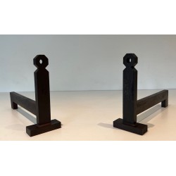 Pair of Minimalist Modernist Wrought Iron Andirons with Hexagonal Nut Finials and Square Plinths