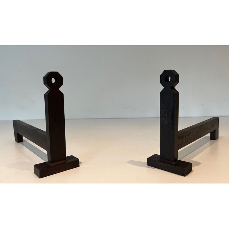Pair of Minimalist Modernist Wrought Iron Andirons with Hexagonal Nut Finials and Square Plinths