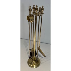 Neoclassical Style Polished Brass Fireplace Companion Set on Stand