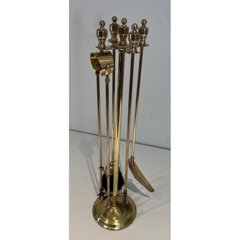 Neoclassical Style Polished Brass Fireplace Companion Set on Stand