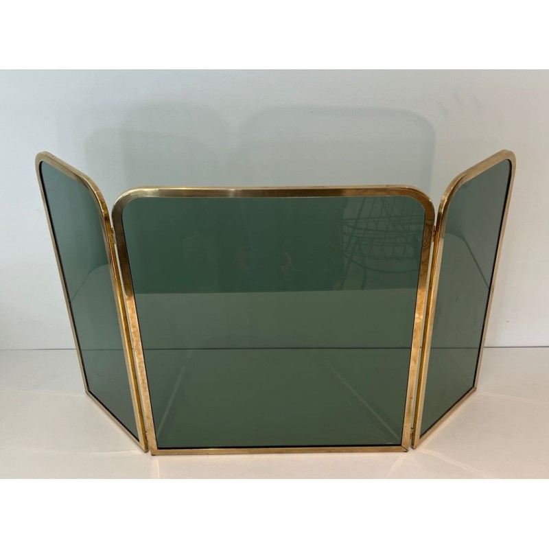 Three-Panel Folding Fireplace Screen in Green-Tinted Glass with Polished Brass Frame