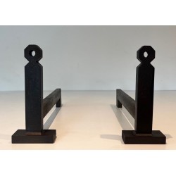 Pair of Minimalist Modernist Wrought Iron Andirons with Hexagonal Nut Finials and Square Plinths