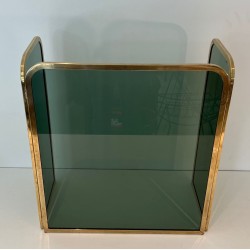 Three-Panel Folding Fireplace Screen in Green-Tinted Glass with Polished Brass Frame