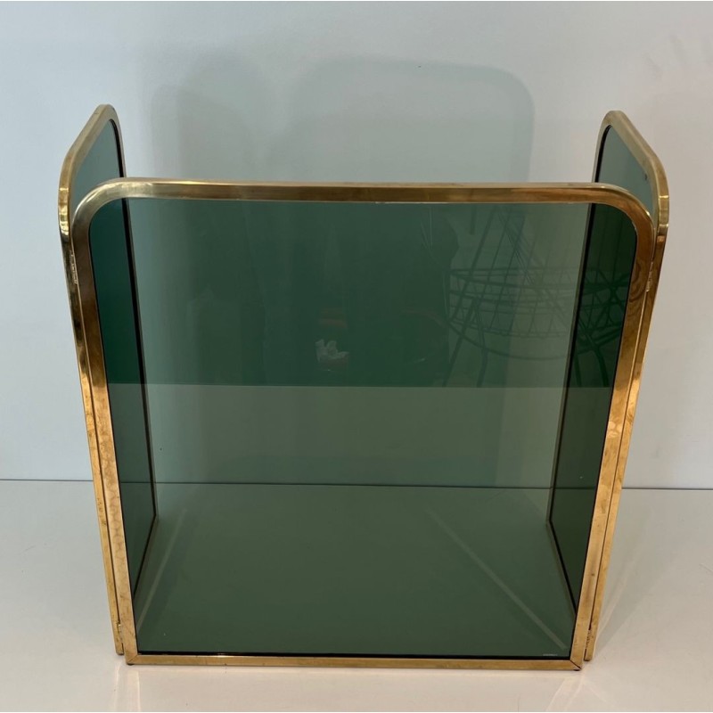 Three-Panel Folding Fireplace Screen in Green-Tinted Glass with Polished Brass Frame