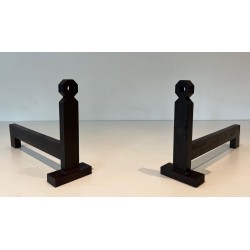 Pair of Minimalist Modernist Wrought Iron Andirons with Hexagonal Nut Finials and Square Plinths