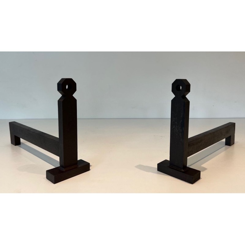 Paire de Chenets Modernistes Minimalistes en Fer Forgé à Flambeaux en Écrou Hexagonal et Socles Carrés