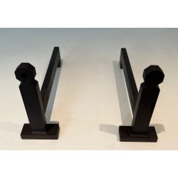 Paire de Chenets Modernistes Minimalistes en Fer Forgé à Flambeaux en Écrou Hexagonal et Socles Carrés