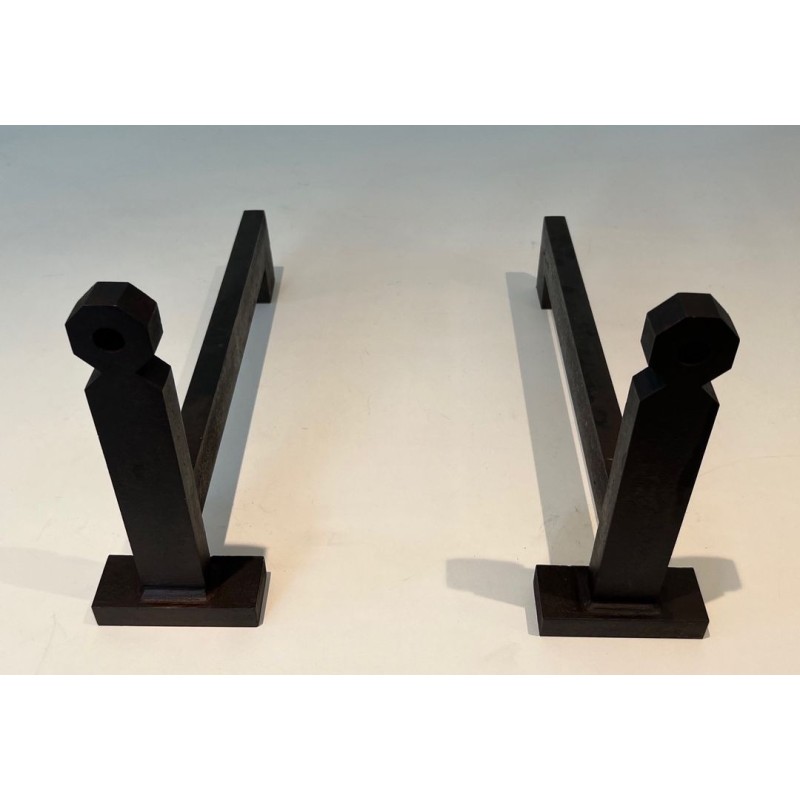 Pair of Minimalist Modernist Wrought Iron Andirons with Hexagonal Nut Finials and Square Plinths