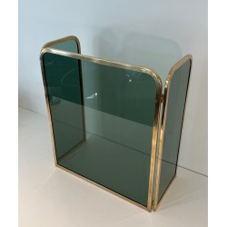 Three-Panel Folding Fireplace Screen in Green-Tinted Glass with Polished Brass Frame