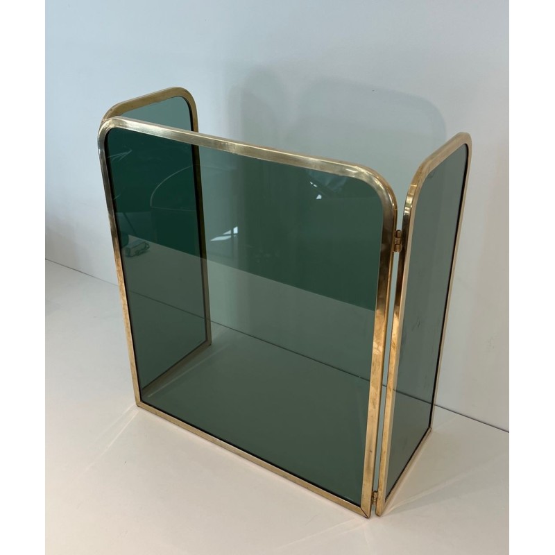 Three-Panel Folding Fireplace Screen in Green-Tinted Glass with Polished Brass Frame