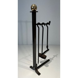 Modernist Steel and Brass Fireplace Companion Set with Hanging Tools on Stand, in the Style of Jacques Adnet