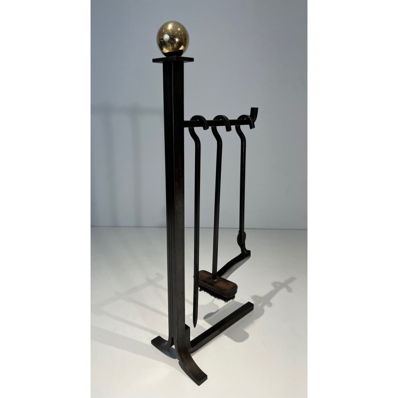 Modernist Steel and Brass Fireplace Companion Set with Hanging Tools on Stand, in the Style of Jacques Adnet