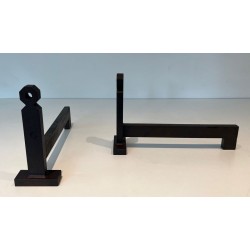 Pair of Minimalist Modernist Wrought Iron Andirons with Hexagonal Nut Finials and Square Plinths