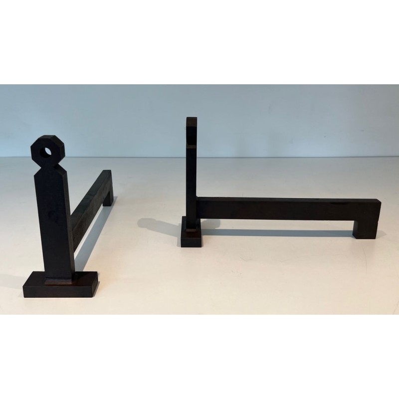Pair of Minimalist Modernist Wrought Iron Andirons with Hexagonal Nut Finials and Square Plinths