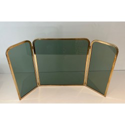 Three-Panel Folding Fireplace Screen in Green-Tinted Glass with Polished Brass Frame