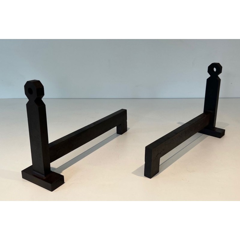 Pair of Minimalist Modernist Wrought Iron Andirons with Hexagonal Nut Finials and Square Plinths