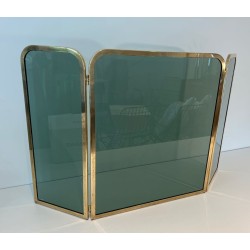 Three-Panel Folding Fireplace Screen in Green-Tinted Glass with Polished Brass Frame