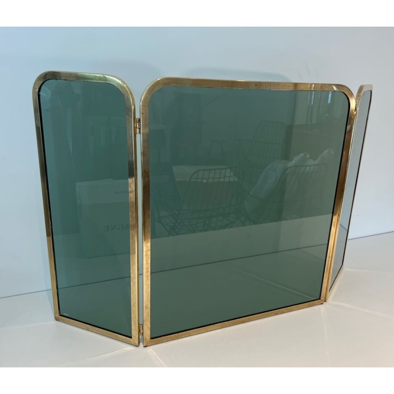 Three-Panel Folding Fireplace Screen in Green-Tinted Glass with Polished Brass Frame