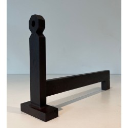 Paire de Chenets Modernistes Minimalistes en Fer Forgé à Flambeaux en Écrou Hexagonal et Socles Carrés