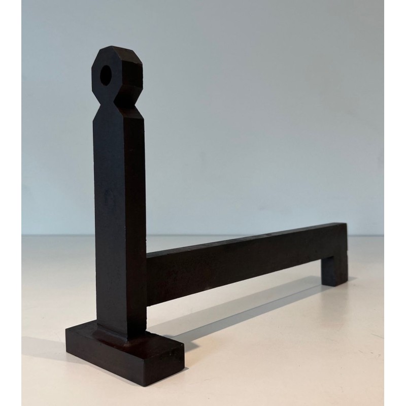 Pair of Minimalist Modernist Wrought Iron Andirons with Hexagonal Nut Finials and Square Plinths