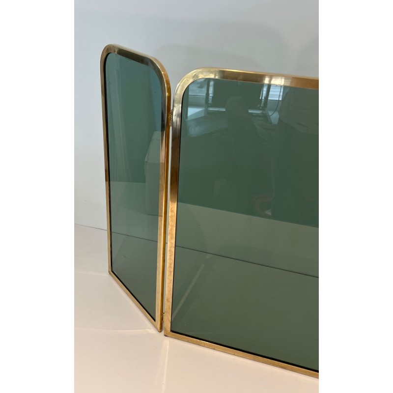 Three-Panel Folding Fireplace Screen in Green-Tinted Glass with Polished Brass Frame