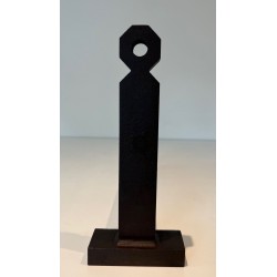 Pair of Minimalist Modernist Wrought Iron Andirons with Hexagonal Nut Finials and Square Plinths