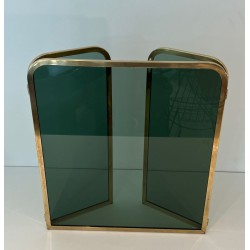 Three-Panel Folding Fireplace Screen in Green-Tinted Glass with Polished Brass Frame