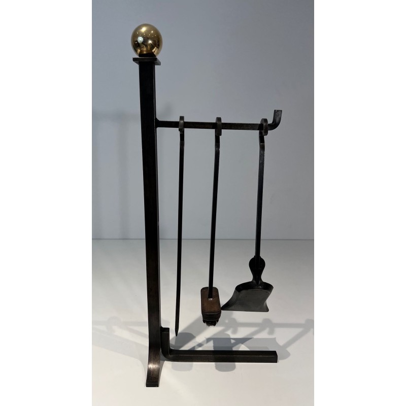Modernist Steel and Brass Fireplace Companion Set with Hanging Tools on Stand, in the Style of Jacques Adnet