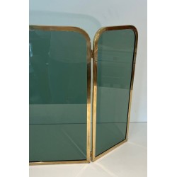 Three-Panel Folding Fireplace Screen in Green-Tinted Glass with Polished Brass Frame