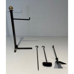 Modernist Steel and Brass Fireplace Companion Set with Hanging Tools on Stand, in the Style of Jacques Adnet