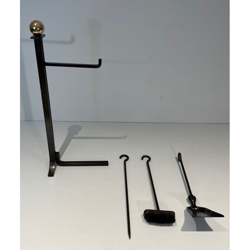Modernist Steel and Brass Fireplace Companion Set with Hanging Tools on Stand, in the Style of Jacques Adnet