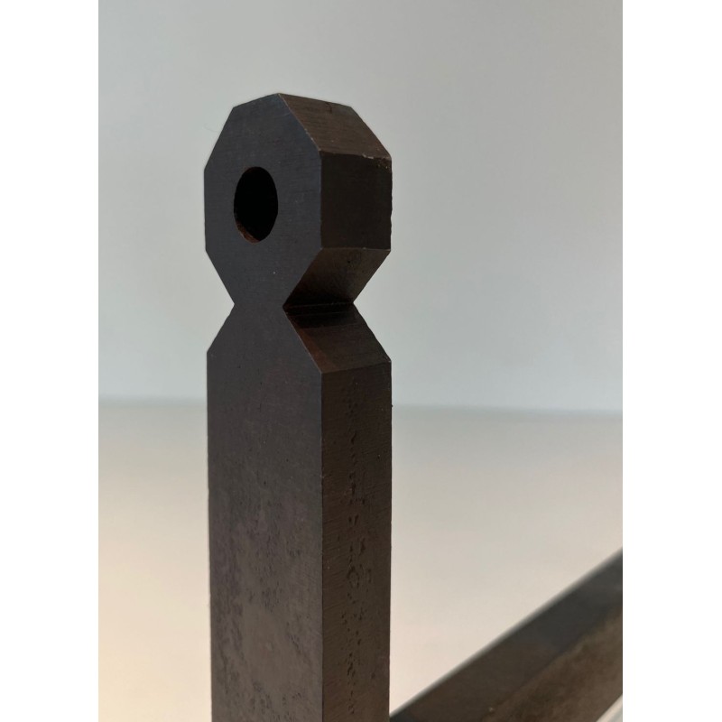 Pair of Minimalist Modernist Wrought Iron Andirons with Hexagonal Nut Finials and Square Plinths