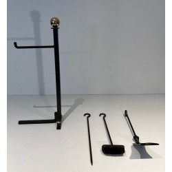 Modernist Steel and Brass Fireplace Companion Set with Hanging Tools on Stand, in the Style of Jacques Adnet