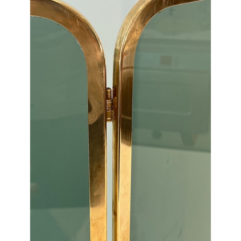 Three-Panel Folding Fireplace Screen in Green-Tinted Glass with Polished Brass Frame