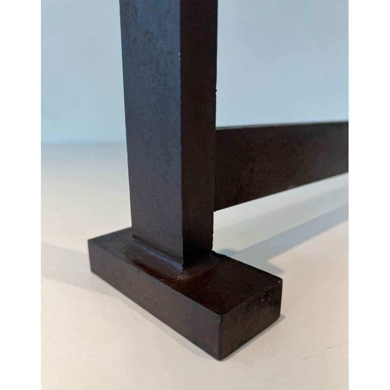 Pair of Minimalist Modernist Wrought Iron Andirons with Hexagonal Nut Finials and Square Plinths