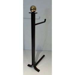 Modernist Steel and Brass Fireplace Companion Set with Hanging Tools on Stand, in the Style of Jacques Adnet