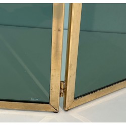 Three-Panel Folding Fireplace Screen in Green-Tinted Glass with Polished Brass Frame