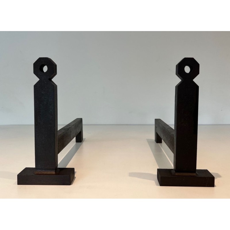 Paire de Chenets Modernistes Minimalistes en Fer Forgé à Flambeaux en Écrou Hexagonal et Socles Carrés