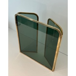 Three-Panel Folding Fireplace Screen in Green-Tinted Glass with Polished Brass Frame