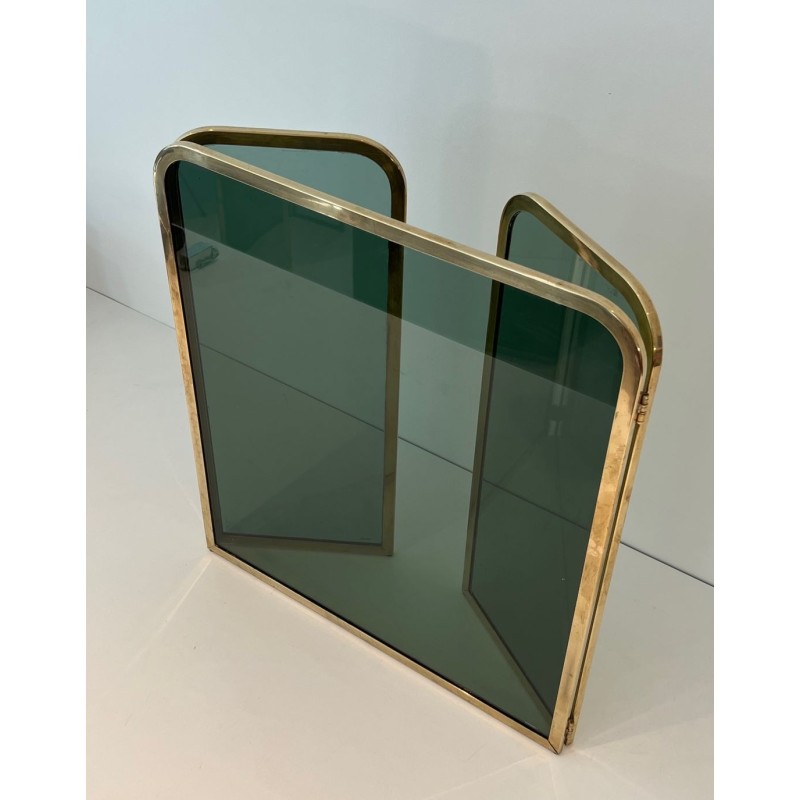 Three-Panel Folding Fireplace Screen in Green-Tinted Glass with Polished Brass Frame