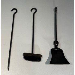 Modernist Steel and Brass Fireplace Companion Set with Hanging Tools on Stand, in the Style of Jacques Adnet