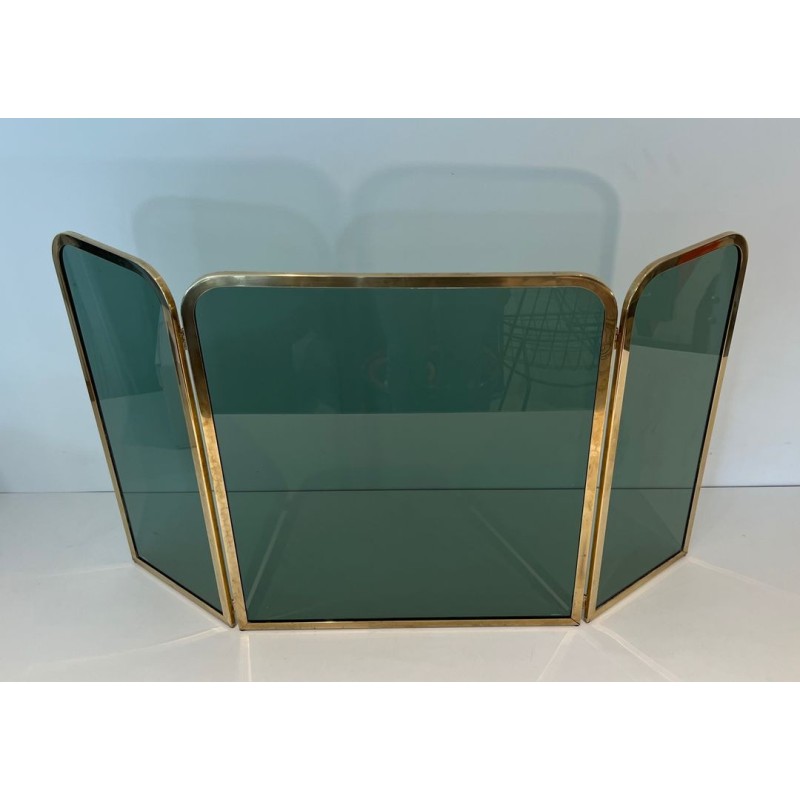 Three-Panel Folding Fireplace Screen in Green-Tinted Glass with Polished Brass Frame