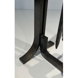 Modernist Steel and Brass Fireplace Companion Set with Hanging Tools on Stand, in the Style of Jacques Adnet